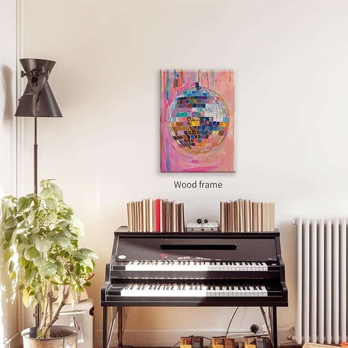 Retro Pink Disco Ball Posters Cool Y2k Aesthetic Canvas Wall Art 16x24 inch Framed Fashion Pink and Orange Disco Ball Painting Prints for Girly Wall Decor