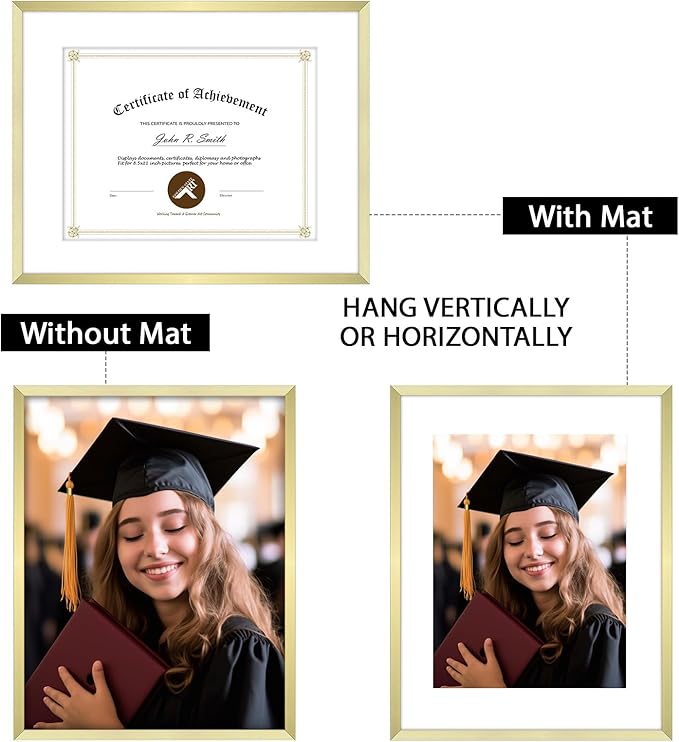 Golden State Art 14x11 Picture Frame 3 Pack - Aluminum Frames with 8.5x11 Removable Mats & Real Glass, Display 11x14 Photos or 8.5x11 Certificates - Gold Gallery Wall Frames for Home Office Decor
