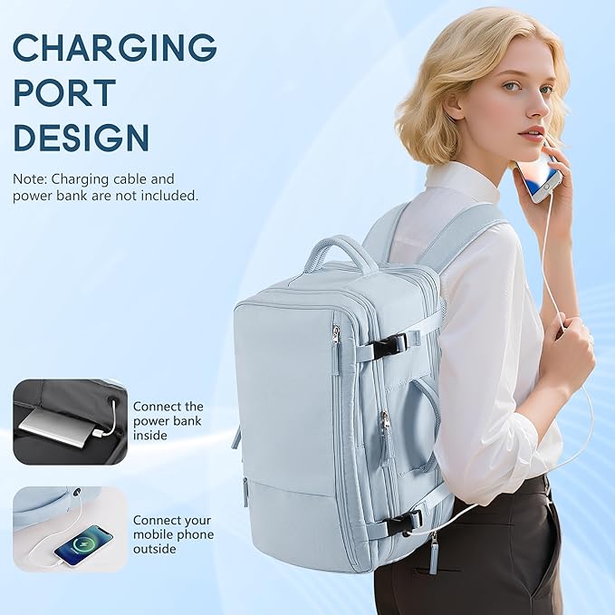 Beraliy Travel Backpack for Women Men, Carry On Backpack, 16 inch Laptop Backpack, Waterproof Casual College Daypack for Weekender Overnight Hiking, Light Blue