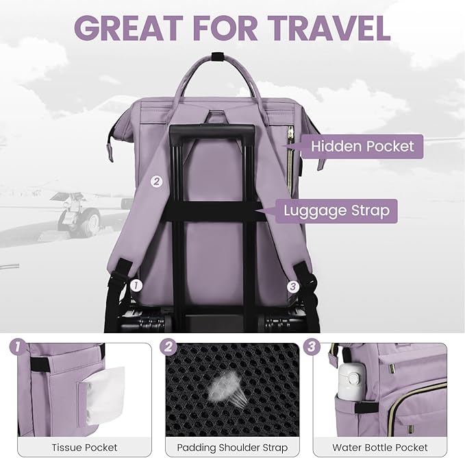 LOVEVOOK Laptop Backpack for Women,17 Inch Professional Womens Travel Backpack Purse Computer Laptop Bag Nurse Teacher Backpack,Waterproof Work Bags Carry on Back Pack with USB Port,Light Purple