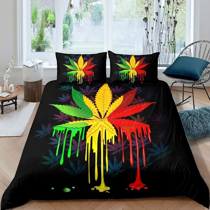 Feelyou Marijuana Duvet Cover Set Trippy Cannabis Leaves Bedding Set Marijuana Weed Botanical Comforter Cover 1 Quilt Cover + 1 Pillowcase Twin Size