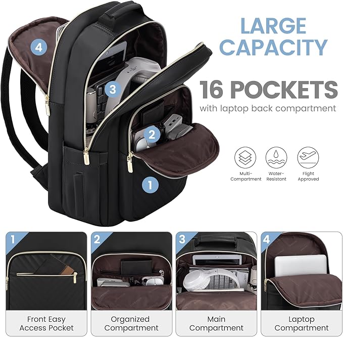 LOVEVOOK Leather Backpacks for Women,15.6 inch Leather Laptop Backpack Women Computer Backpack Laptop Bag,Stylish Quilted Travel Backpack Purse Work Bag College Teacher Backpacks with USB Port,Black