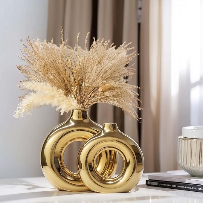 Glossy Gold Ceramic Vase Set of 2,Round Donut Hollow Flower Vases for Home Decor Accents,Modern Minimalist Centerpiece Table Decorations,Wedding,Living Room,Bookshelf,Office,Entryway