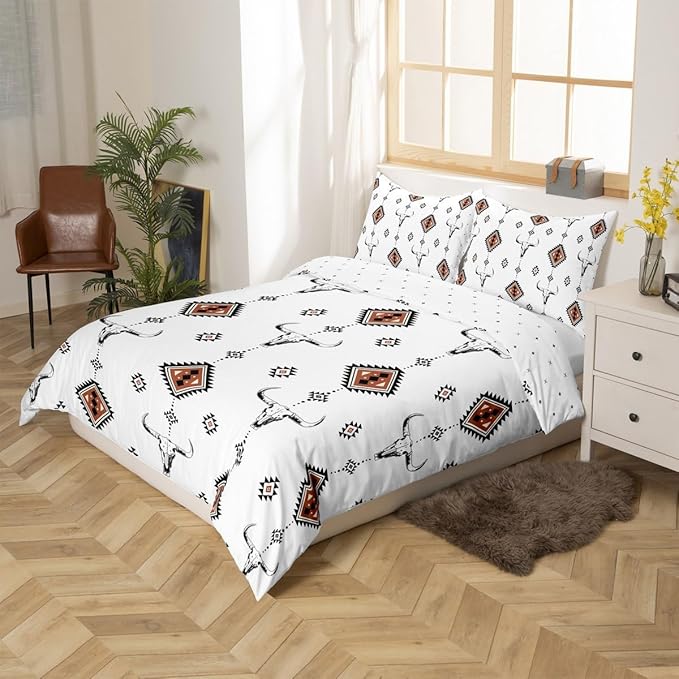 Castle Fairy Western Duvet Cover Set Toddler Size,Bull Skull Bedding Set 2 Pcs for Cowboys Girls Youth Adults,Southwest Decor Comforter Cover,Geometric Tribal Aztec Quilt Cover,Not Comforter