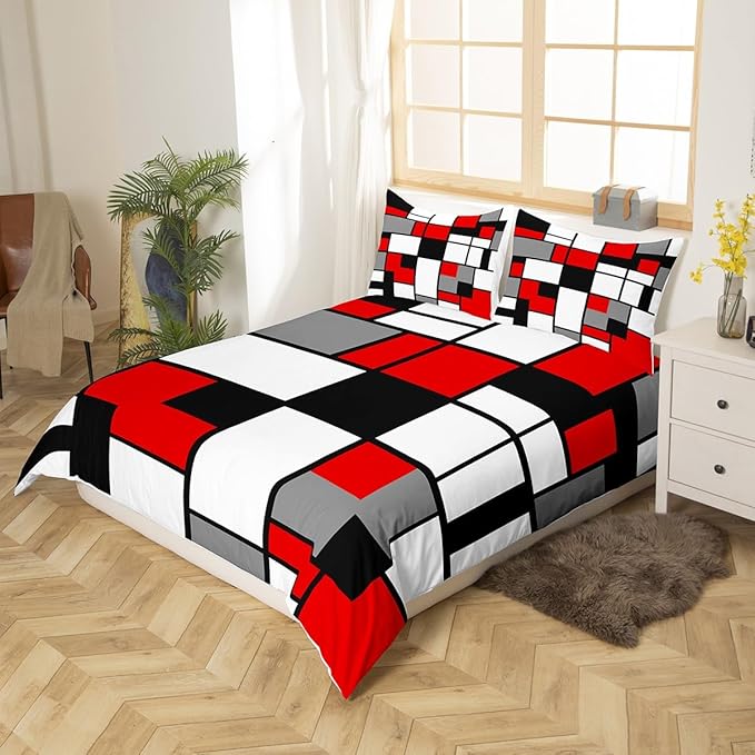 Gray Black Red White Square Bedding Set Twin Size,Geometric Grid Duvet Cover Retro Pattern Bed Comforter Cover Set for Kids Boys Girls,Modern Abstract Bedding Quilt Cover Set Decorative 2 Piece