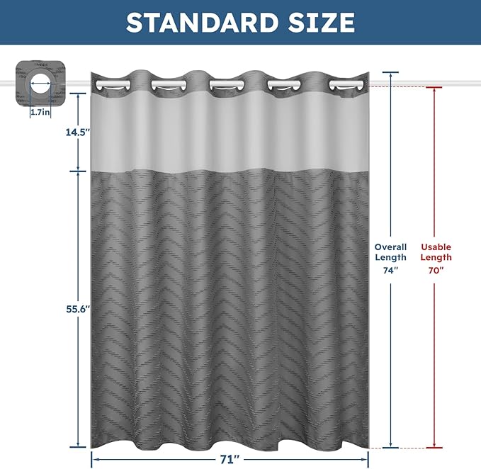 No Hook Shower Curtain and Snap in Liner Set Grey Tufted Chevron Striped Cloth Waterproof Washable Fabric Boho Gray Bath Curtain with See Through Mesh Top Window for Bathroom Hotel 71" x 74"