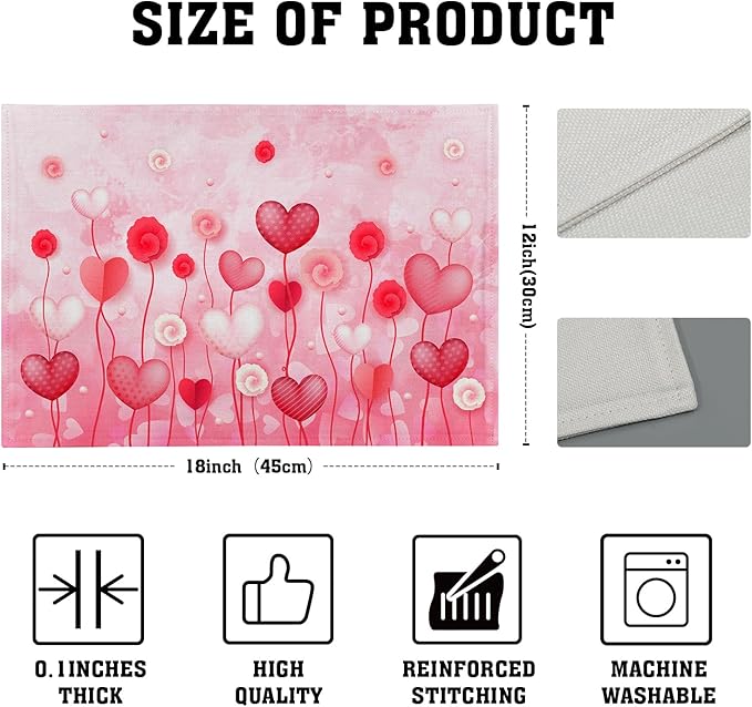 Giwawa Valentines Day Placemats Set of 4 12x18 Inch Red Love Hearts Flower Floral Decorative Place Mat Linen Heat Resistant Washable Table Mats for Kitchen Dining Holiday Wedding Anniversary
