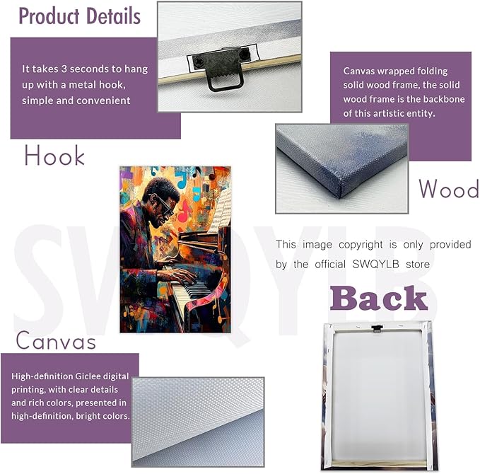 SWQYLB Black Music Wall Art Abstract Jazz Wall Decor African American Painting Canvas Musical Instruments Pictures Classroom Music Men Room Decor Framed (Orange, (16.00" x 24.00"))