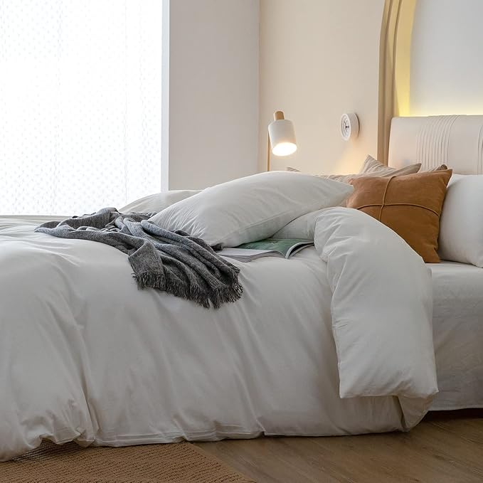 JIYUAN 100% Washed Cotton Duvet Cover Set 3 Pieces Queen, 1 Duvet Cover 90x90 Inches(Comforter Not Included) and 2 Pillowcases,Linen Feel Bedding Set Comfy and Breathable,Off White