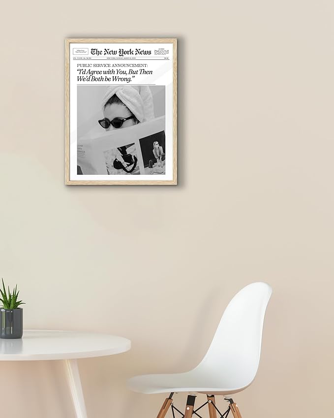 EcoHest Trendy Newspaper Framed Wall Art, 12x16 in OAK Wood Cool Girl Canvas Art, Magazine Bar Cart Print College Dorm Decor, Beige Logs Set of 1 for Bedroom Living Room