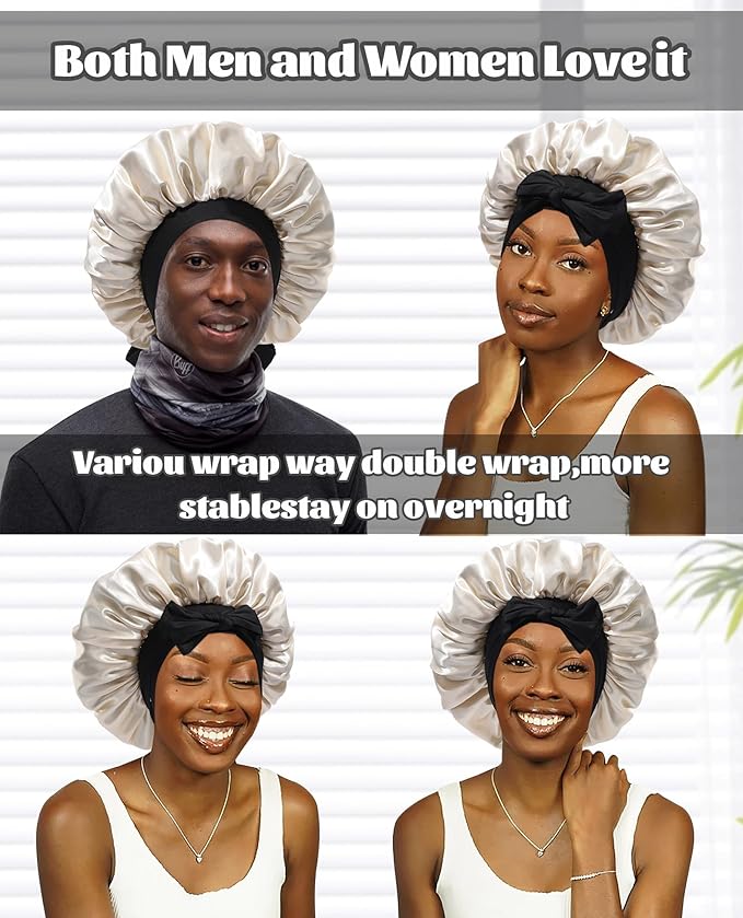 Satin Bonnet Silk Bonnet for Sleeping Silk Sleep Cap Double Layer Hair Bonnet with Elastic Tie Band for Curly Hair Night Cap (Black + Champagne)