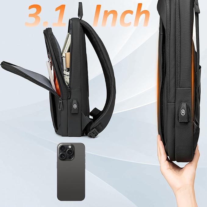 FENRUIEN Slim Laptop Backpack for Men, Water Resistant Light Weight Backpack with USB Charging Port, Black Laptop Bag 15.6 Inch