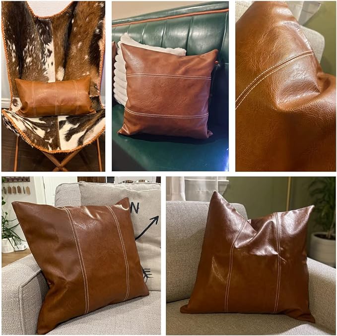 Fancy Homi 22x22 Pillow Covers, 2 Packs Brown Decorative Throw Pillow Covers 22x22 Inch for Couch Bed Bedroom Living Room, Cognac Brown Faux Leather Hand Stitched Square Cushion Case 55x55 cm