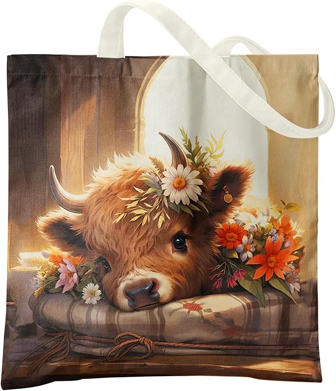 Western Highland Cow Canvas Tote Bag - Highland Cow Lover Gifts,Canvas Shoulder Bag for Women for Girls