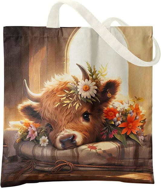 Western Highland Cow Canvas Tote Bag - Highland Cow Lover Gifts,Canvas Shoulder Bag for Women for Girls