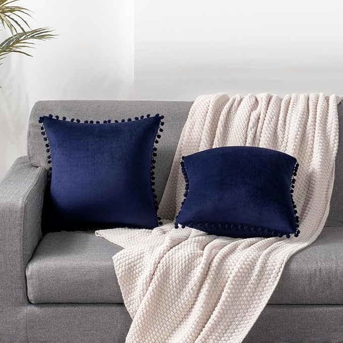 DEZENE Couch Pillow Cases 18x18 Navy: 2 Pack Cozy Soft Pom-poms Velvet Square Throw Pillow Covers for Farmhouse Home Decor