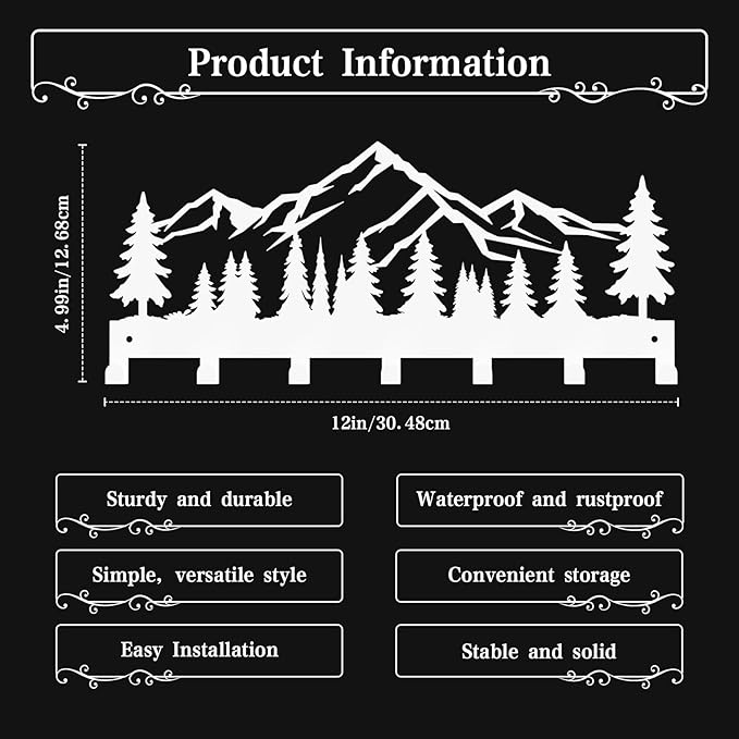 Key Holder Wall Mounted Key Hooks, White Metal Key Rack Hooks, Little Grove, Mountain Theme Wall Decoration Hooks, with 7 Hooks, Applicable to Front Doors, Lobby,Corridor, Offices (12 ")
