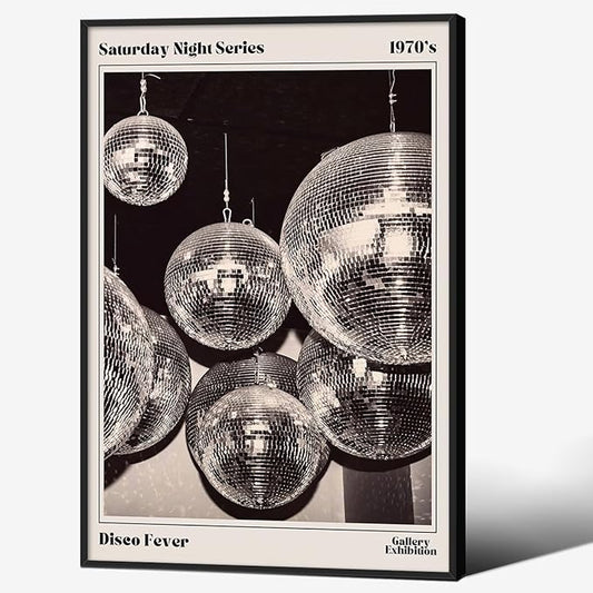 70s Disco Ball Newspaper Wall Art Vintage Black and White Art Posters 24x36 inch Black Framed Funky Aesthetic Canvas Prints Retro Bar Cart Decor for Bar Bedroom