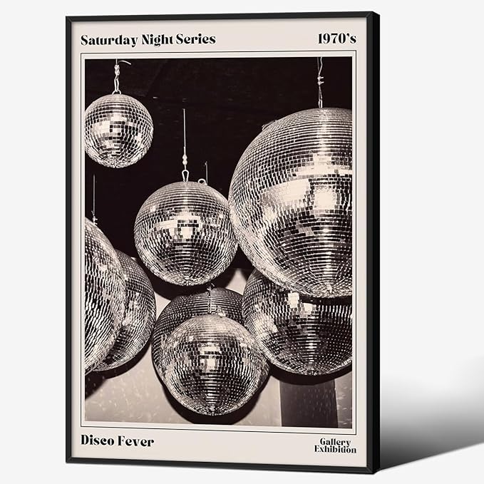 70s Disco Ball Newspaper Wall Art Vintage Black and White Art Posters 16x24 inch Black Framed Funky Aesthetic Canvas Prints Retro Bar Cart Decor for Bar Bedroom