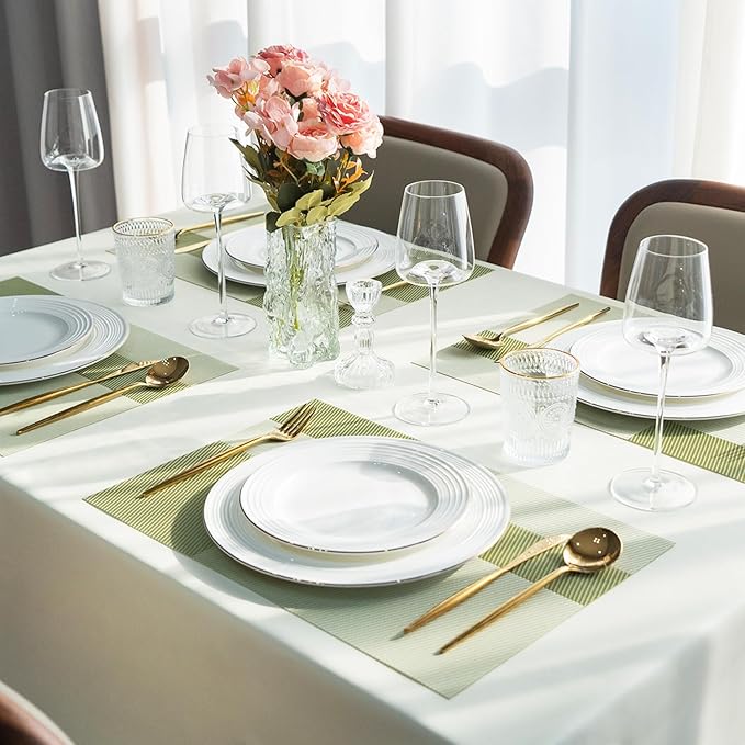 Placemats Set of 12 Vinyl/Plastic Woven Place Mats for Kitchen Table Indoor/Outdoor Washable Placemat Wipeable Dining Table Mats (Green Cube,12)