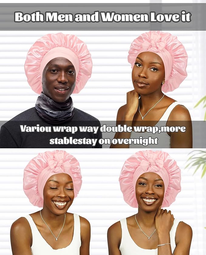 Satin Bonnet Silk Bonnet for Sleeping Silk Sleep Cap Double Layer Hair Bonnet with Elastic Tie Band for Curly Hair Night Cap (Apricot Powder+Champagne)