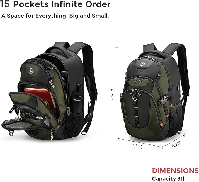 Swissdigital Design Laptop Backpack with USB Charging Port, Travel Backpack Fits 15.6 inches Computer, 31L College School Backpack for Men, Olive/Black | SD803-26