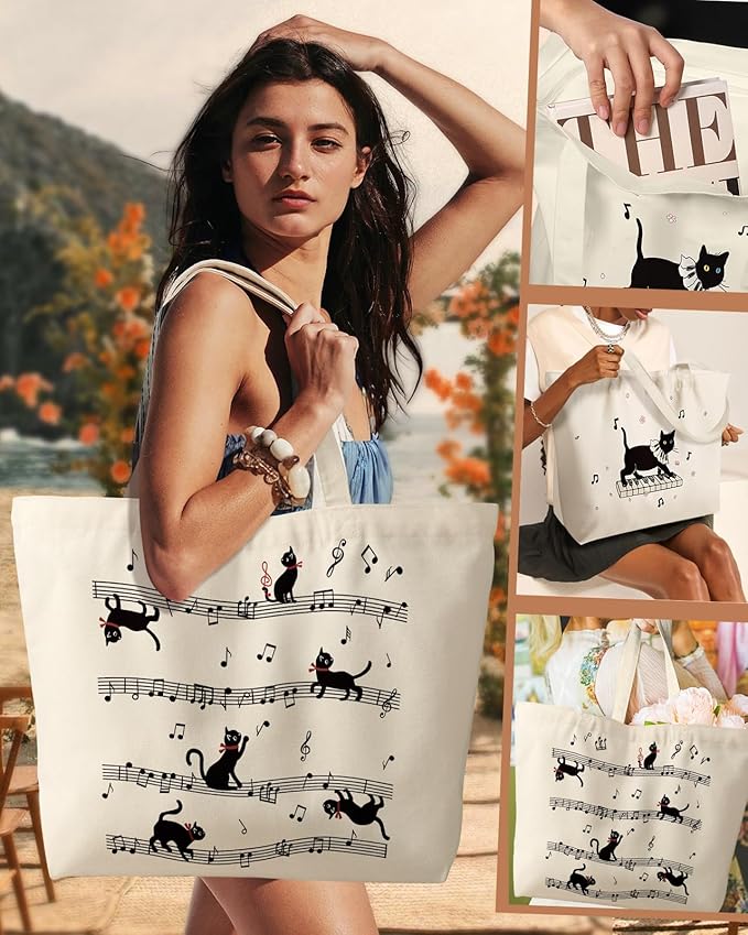 Large Tote Bag for Women - Canvas Tote Bag with Zipper Aesthetic Reusable Shoulder Bag for Gym, Travel, Work