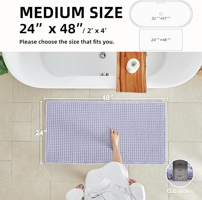 Waffle Bath Mat, Boho Bathroom Rugs Non Slip Washable Super Absorbent Quick Dry Cute Bath Mat Farmhouse Bathroom Decor, 48''x24'' Lavender Cream