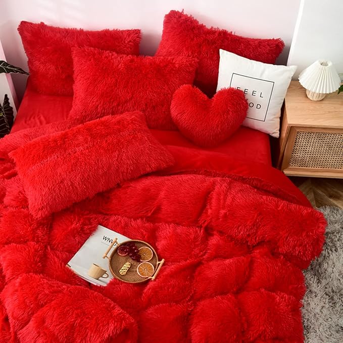 MorroMorn 5 PCS Shaggy Duvet Cover Bedding Set - Long Faux Fur Luxury Ultra Soft (Red, Full/Queen)