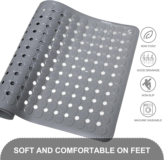 Bath Mat for Tub & Shower, Non Slip Soft Bathmat with Suction Cups & Drain Holes, Machine Washable Bathtub Floor Liner Mats for Bathroom, 35x16 Inch, Gray