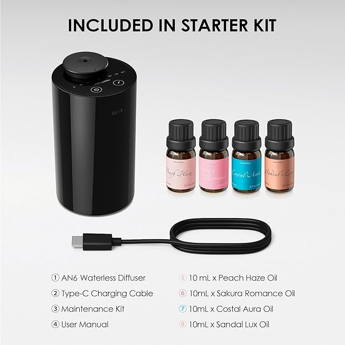 Waterless Essential Oil Diffuser Starter Kit with 4 x 10mL Fragrance Scent Oil, Battery Operated Mini Scent Air Machine Portable Diffuser for Home Car Office, AN6 Black Kit01