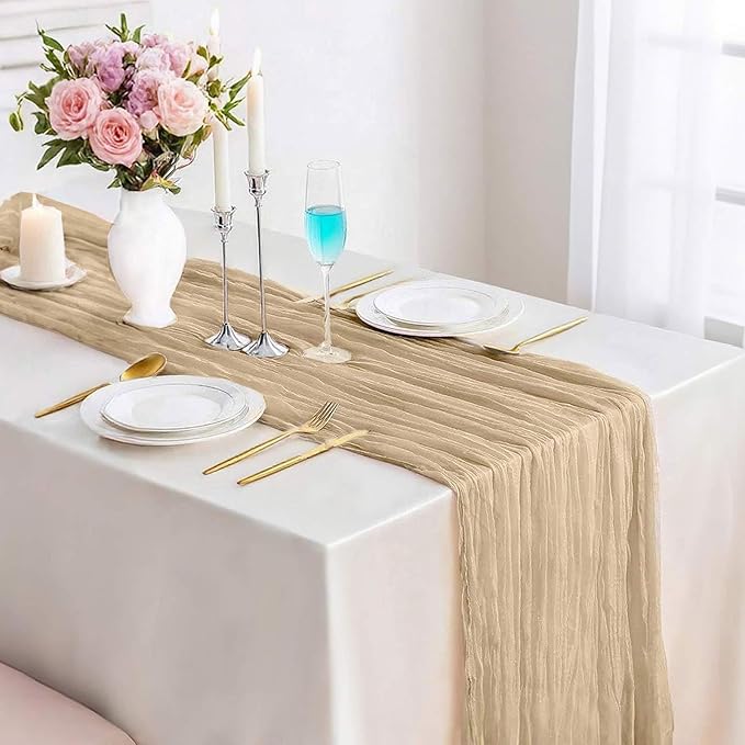 13.3FT Long Sand Cheesecloth Table Runner Boho Table Runner Transparent Rustic Gauze Wedding Dining Table Decorations for Birthday Party Holiday Baby Shower Event Decorations