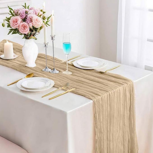 13.3FT Long Sand Cheesecloth Table Runner Boho Table Runner Transparent Rustic Gauze Wedding Dining Table Decorations for Birthday Party Holiday Baby Shower Event Decorations