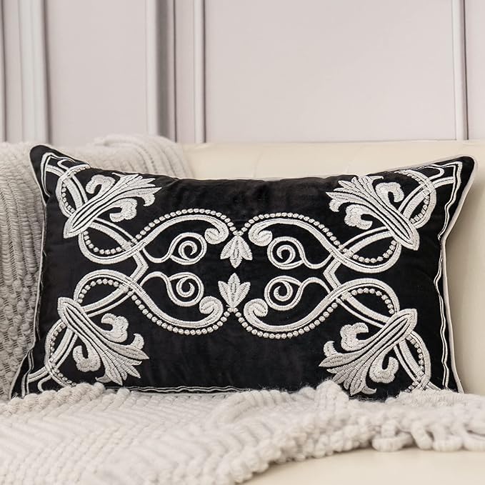 Aeckself European Floral Pillow Cover 12x20 Inch, Luxury Velvet Embroidered Lumbar Pillow Case for Sofa Bedroom Living Room White Black
