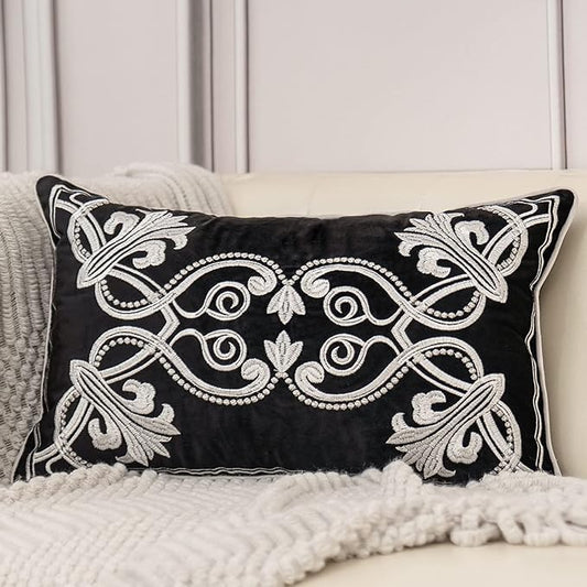 Aeckself European Floral Pillow Cover 12x20 Inch, Luxury Velvet Embroidered Lumbar Pillow Case for Sofa Bedroom Living Room White Black