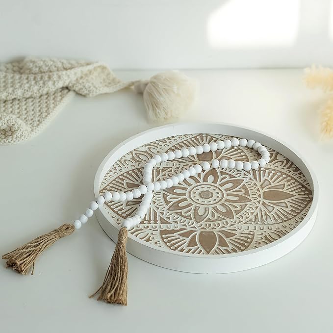 Hanobe Decorative Serving Tray Round: 2Pcs Farmhouse Coffee Table Decor with White Boho Bead Garland - Mandala Trays for Living Room Kitchen Centerpiece Display