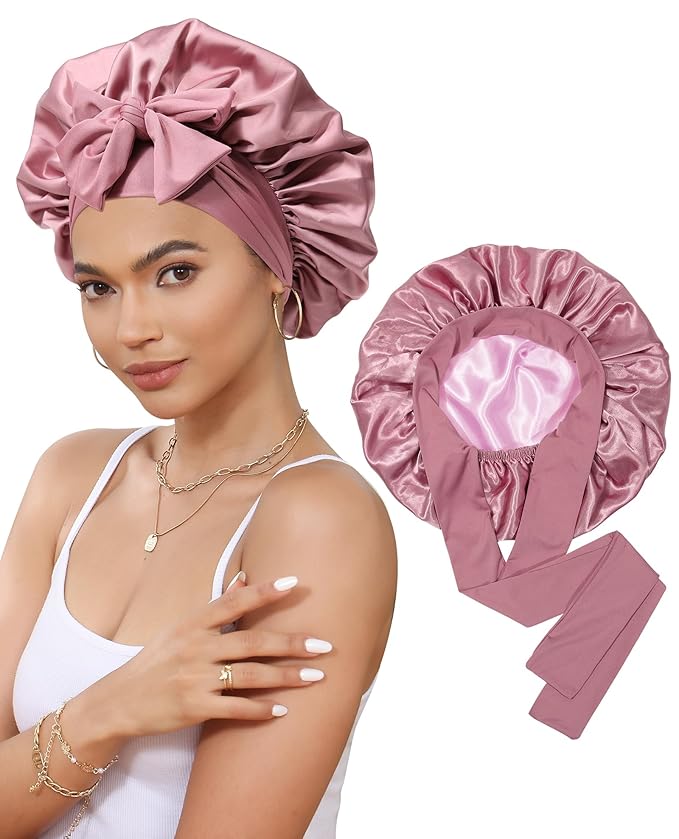 Satin Bonnet for Sleeping Cap Double Layer Hair Bonnet with Elastic Tie Band for Curly Hair Night Cap (Bean Paste + Pink)