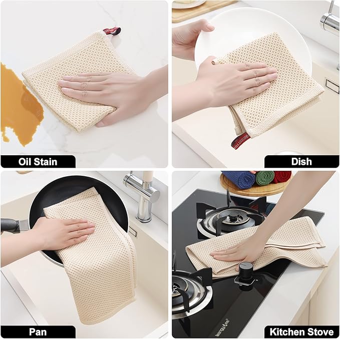 Homaxy 100% Cotton Kitchen Towels and Dishcloths Set, 12 x 12 Inches and 13 x 28 Inches, Set of 12 Bulk Kitchen Towels Set, Ultra Soft Absorbent Dish Cloths for Washing Dishes, Beige