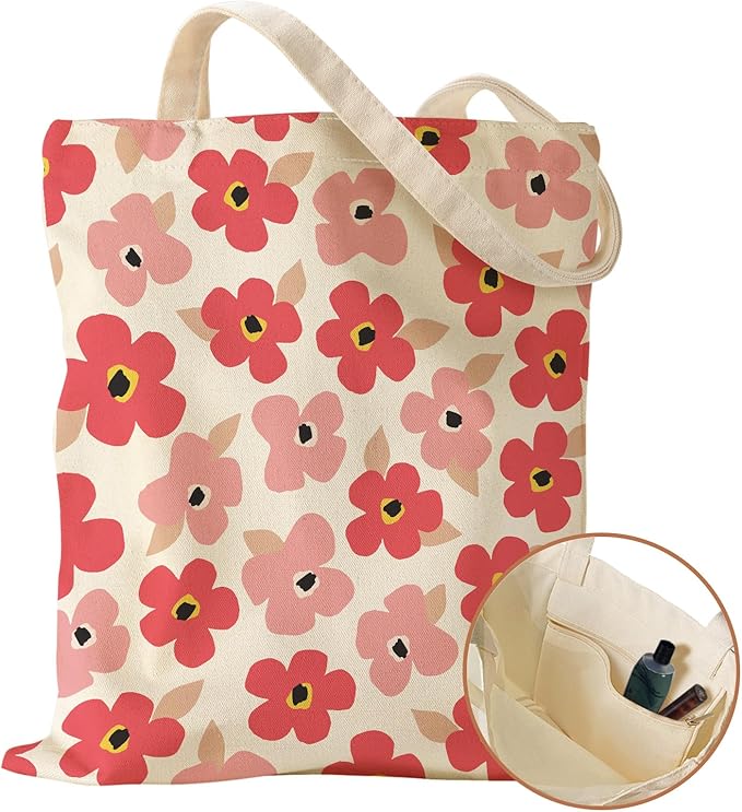 Aesthetic Canvas Tote Bag with Inner Pocket for Women, Cloth Cotton Totes Bag with Pattern for Shopping, Gym