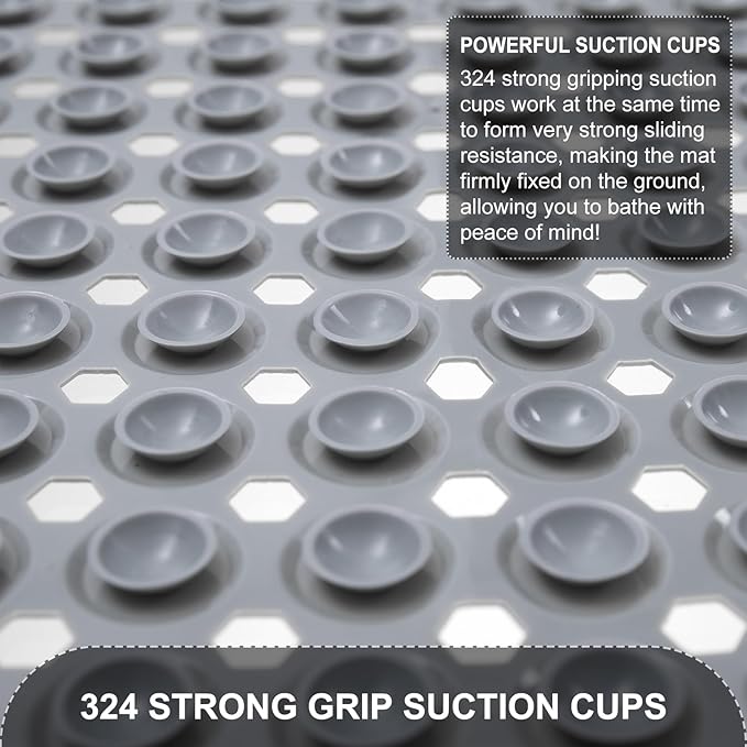 Bath Mat for Tub & Shower, Non Slip Soft Bathmat with Suction Cups & Drain Holes, Machine Washable Bathtub Floor Liner Mats for Bathroom, 35x16 Inch, Gray