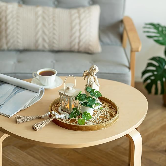 Hanobe Round Decorative Tray for Centerpiece: 2Pcs Vintage Coffee Table Trays with Boho Bead Garlandfor Home Decor - Farmhouse Wood Serving Platter Circle for Kitchen Counter Women