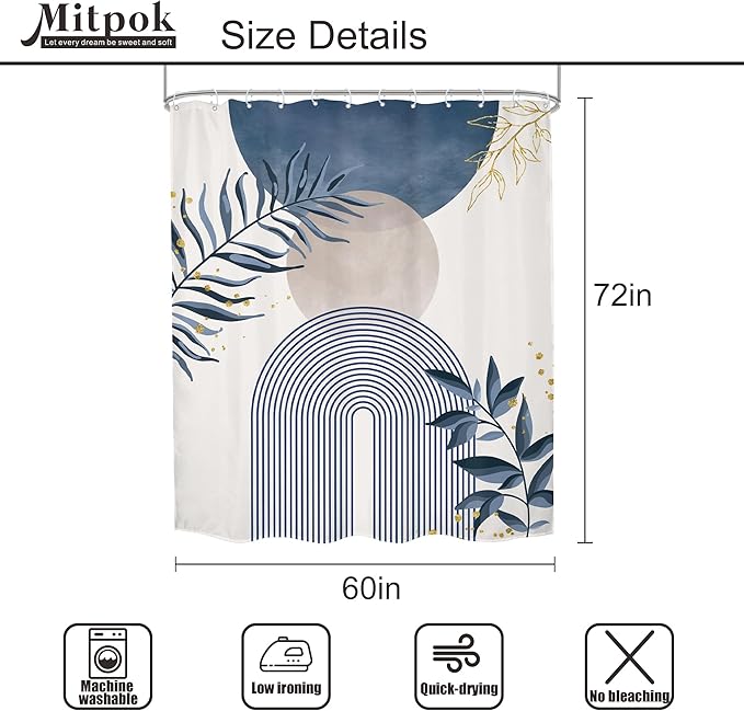 Blue Gray Boho Shower Curtain Dusty Blue Gold Leaves Modern Bohemian Abstract Mid Century Minimalist Grey Plant Bathroom Decor Geometric Arch 60Wx72H Bath Curtain Fabric Polyester 12 Pack Hooks
