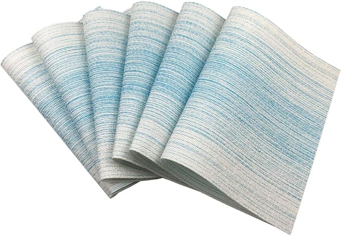 Placemat,Blending Color Durable Woven Vinyl Placemat Washable Heat-Resistant Anti-Skid Kitchen Dining Table Mats (Set of 6, Blue with White)