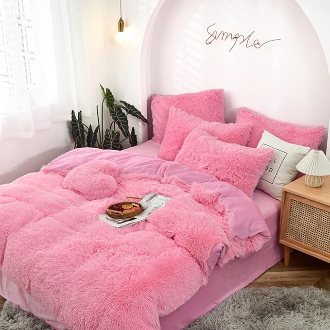 MorroMorn 5 PCS Shaggy Duvet Cover Bedding Set - Long Faux Fur Luxury Ultra Soft (Pink, King/California King)