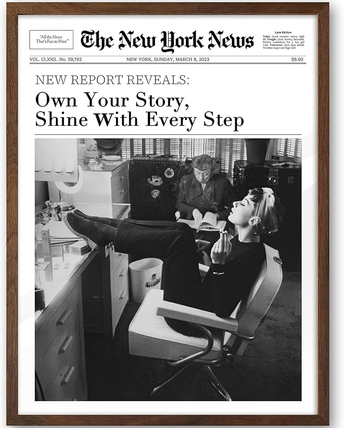 iHery Natural OAK Wood Audrey Hepburn Walnut Color Framed Wall Art, 12x16 in Own Your Story Shine With Every Step Canvas Wall Decor, Modern Trendy Newspaper For Bedroom Bathroom Living Room 1Pack