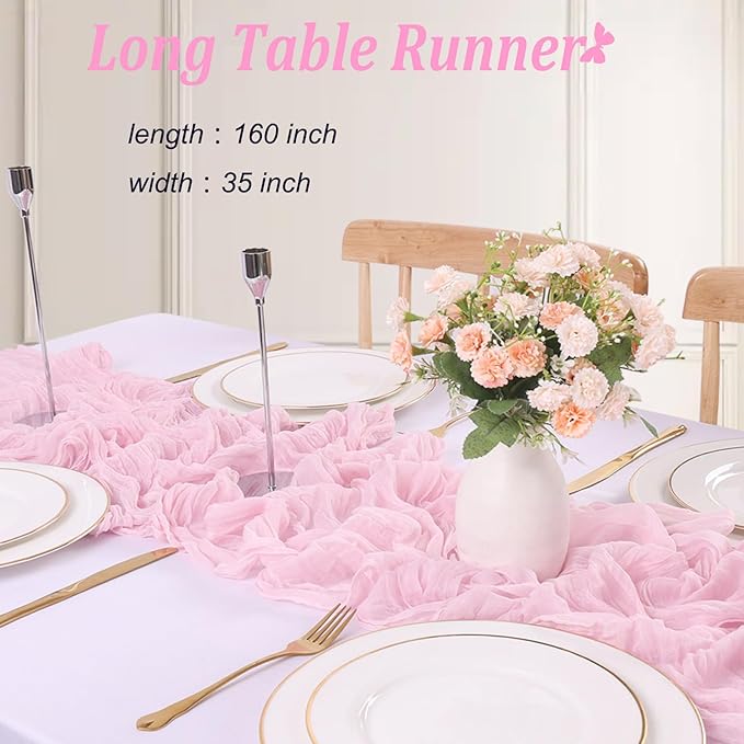 Light Pink Cheesecloth Table Runner Boho Gauze Cheese Cloth Runner 13.3FT Sheer Table Runner Summer Wedding Dining Decorations for Holiday Birthday Baby Shower Event Table Decorations for Party