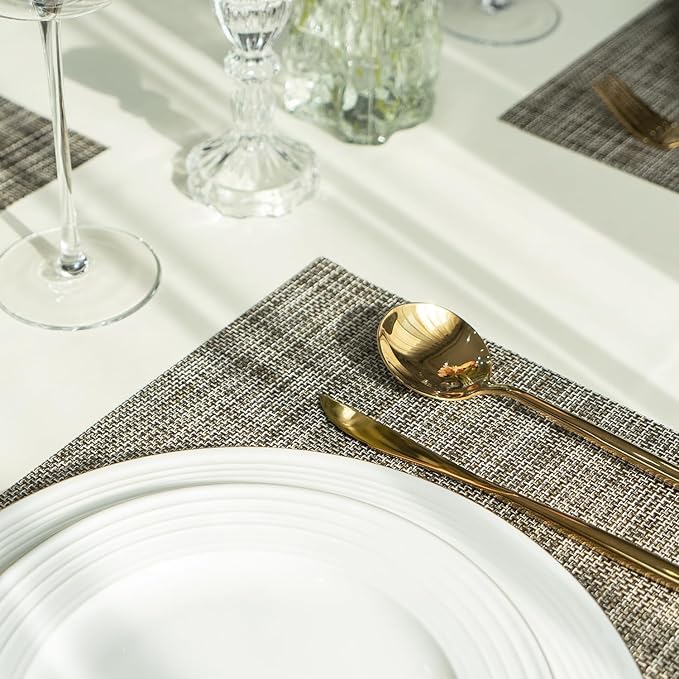 Placemats Set of 12 Vinyl/Plastic Woven Place Mats for Kitchen Table Indoor/Outdoor Washable Placemat Wipeable Dining Table Mats (Brown,12)