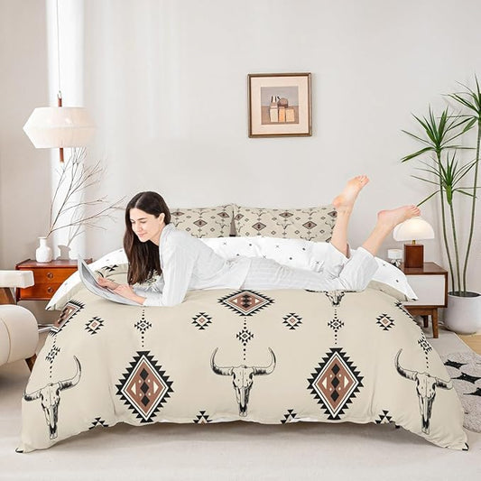 Castle Fairy Western Duvet Cover Twin Size,Tribal Geometry Southwestern Boho Soft Bedding Set,Country Cow Skull Comforter Cover 2PCS,Retro Cowboy Quilt Cover,1 Pillowcase(Not Comforter)