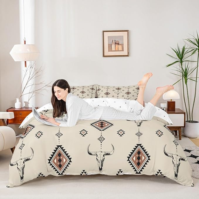Castle Fairy Western Duvet Cover Queen Size,Tribal Geometry Southwestern Boho Soft Bedding Set,Country Cow Skull Comforter Cover 3PCS,Retro Cowboy Quilt Cover,2 Pillowcases(Not Comforter)