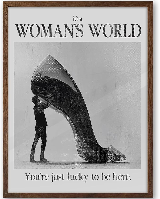 iHery Natural OAK Wood Woman's World Walnut Color Framed Wall Art, 12x16in Retro Feminist Modern Hot Girls Canvas Wall Art, Trendy Black High Heels Bedroom Decor, Bathroom Living Room 1Pack